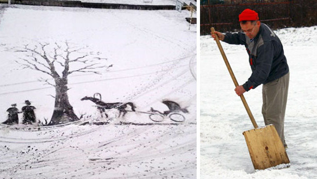 Школьный дворник рисует потрясающие картины на снегу
